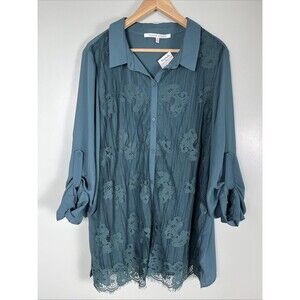 New Collective Concepts Women’s 2X Lace Blouse Top Dark Green Button LongSleeve